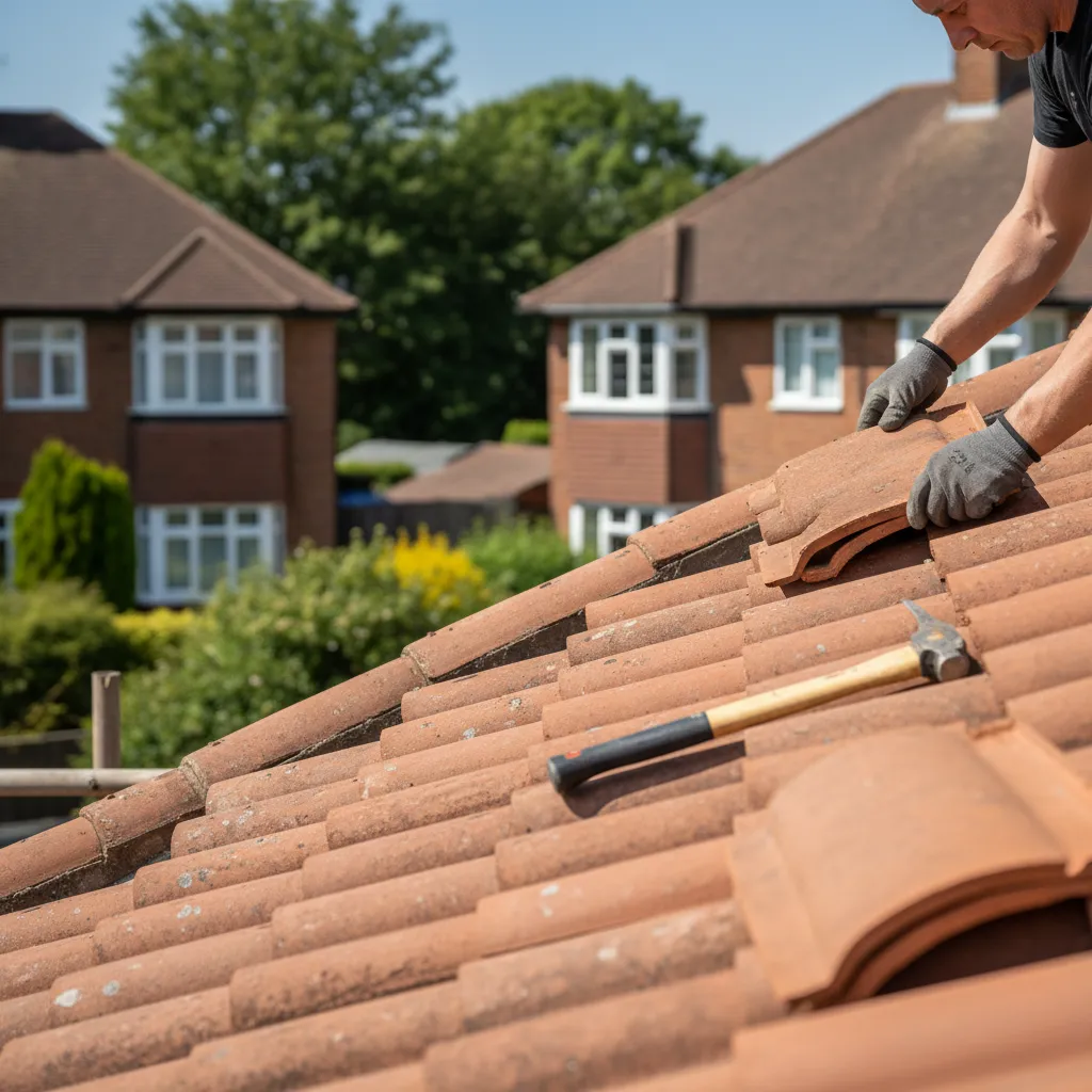 Roofer replacing clay roof tiles on a home in Watford
