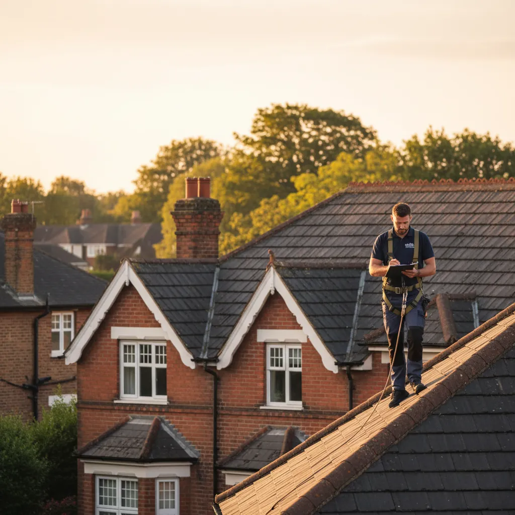 Roofer inspecting a tiled roof on a Buckinghamshire home