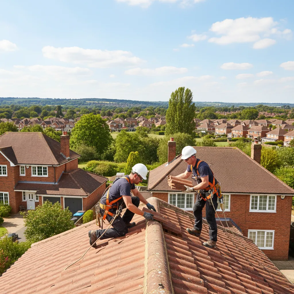 Roofers working on a tiled residential roof in Hemel Hempstead, Hertfordshire