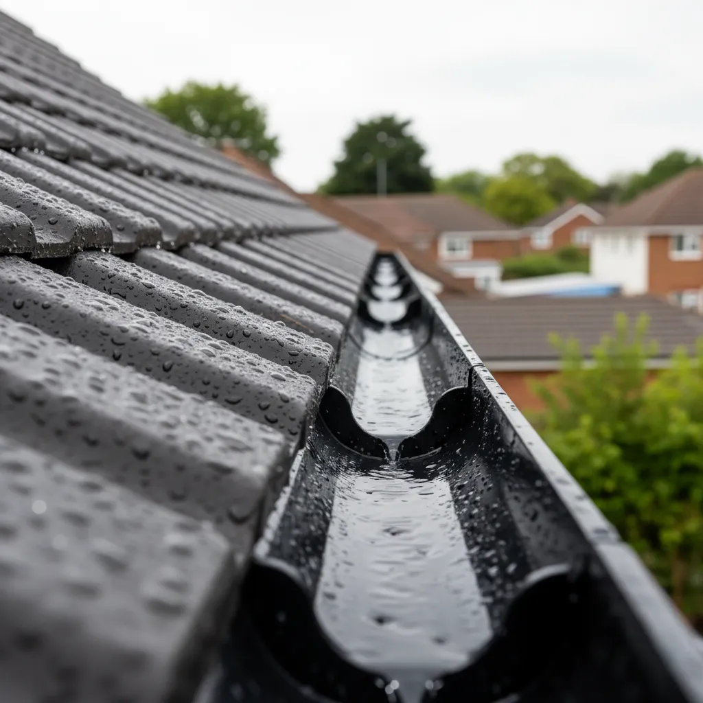 Close-up of new roof valley and guttering system on tiled roof in St Albans