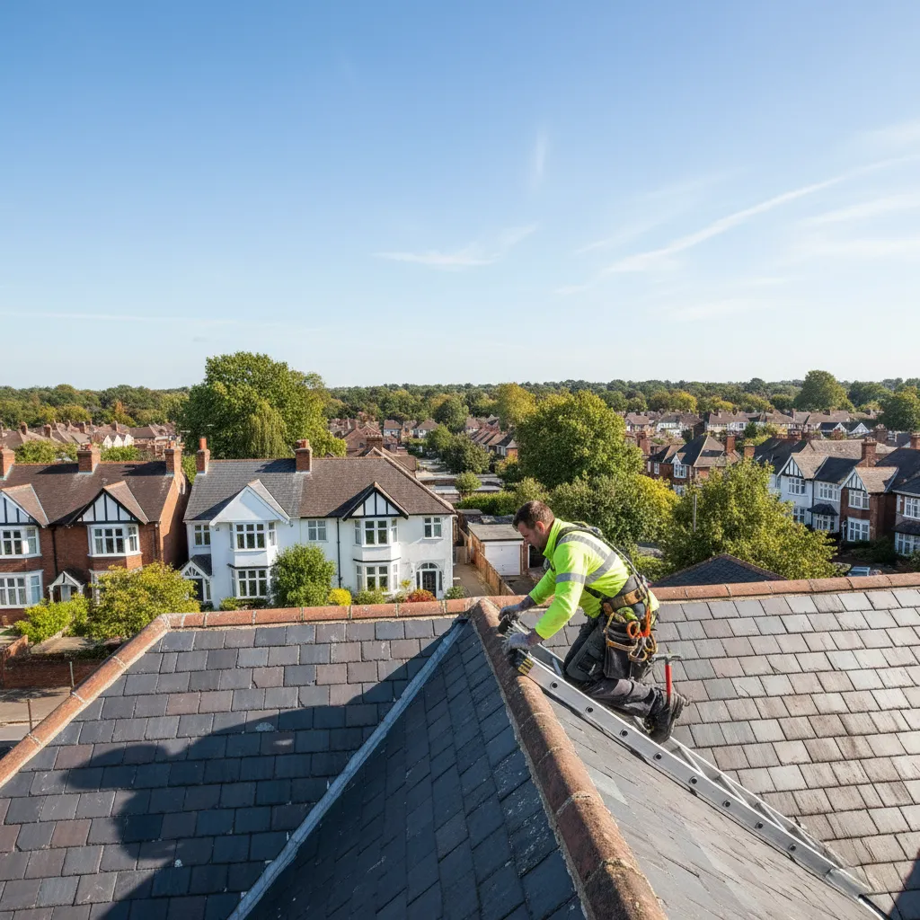 Roofer inspecting a tiled roof on a home in Watford, Hertfordshire