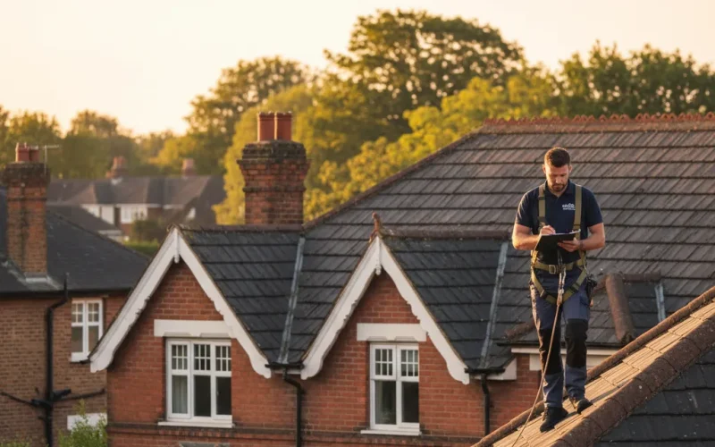 Roofer inspecting a tiled roof on a Buckinghamshire home