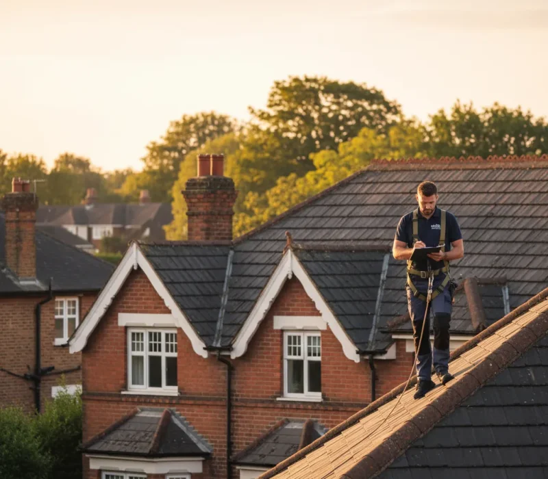 Roofer inspecting a tiled roof on a Buckinghamshire home