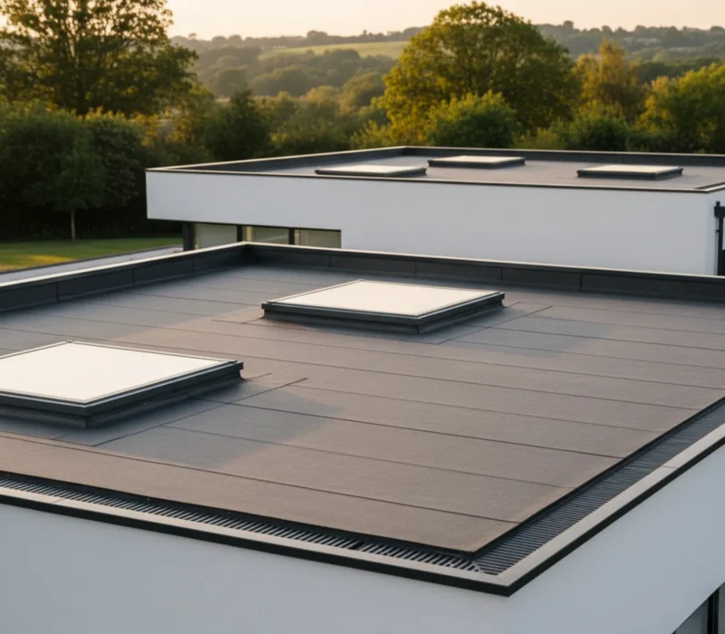 Completed flat roof with skylights in a Chipperfield home